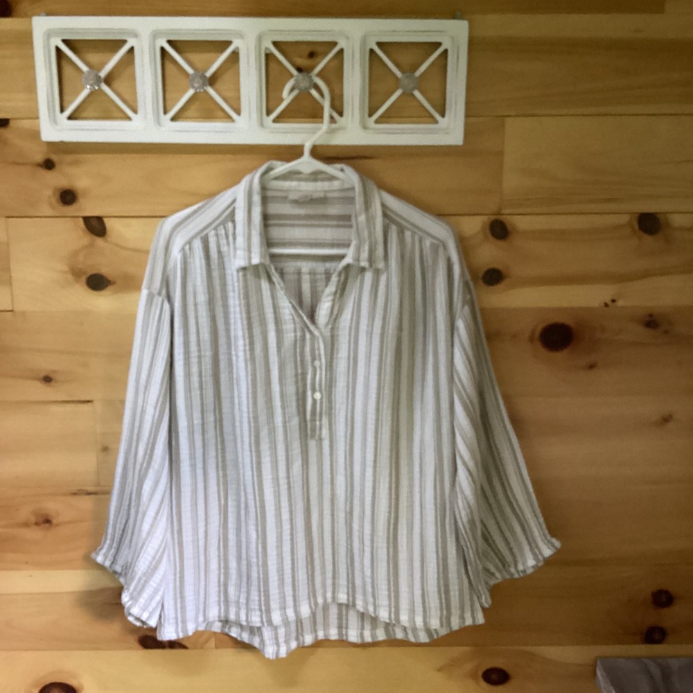 Loft Outlet Womens Small Tan‎ White Striped Cotton Gauze Henley Blouse Top